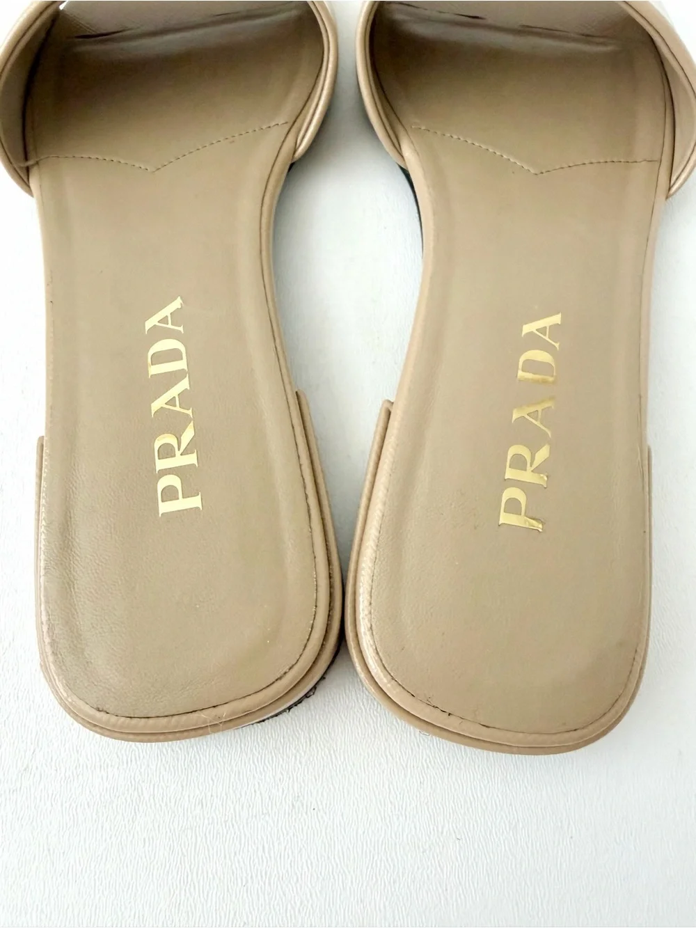 PRADA | Saffiano Patent Leather Triangle Logo Slides Sandals Flats Beige Sand 38